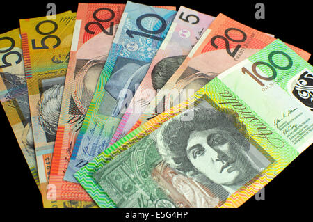 Australian money, including one hundred, fifty, twenty, ten and five dollar notes on black background. Stock Photo