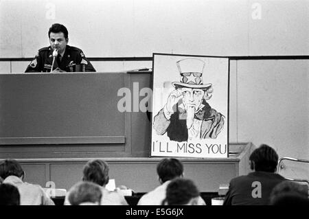 In Oakland army depot soldiers returning from Vietnam struggle with changes in time-zones to fill out papers and get ready for discharge and get back to their families. Stock Photo