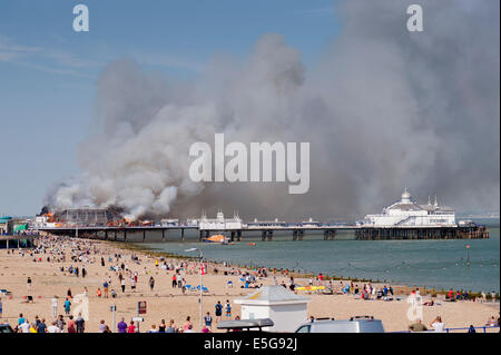 Eastbourne Pier on fire, that would lead to the destruction of the Blue Room on 30th July 2014, in East Sussex, England, UK. Stock Photo