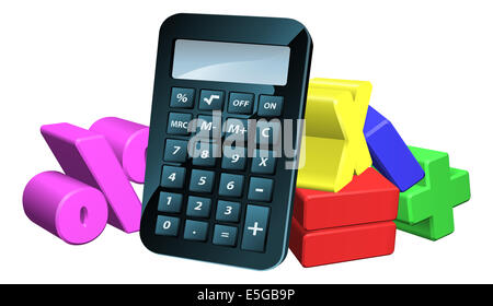 An illustration of a calculator and 3d math symbols Stock Photo