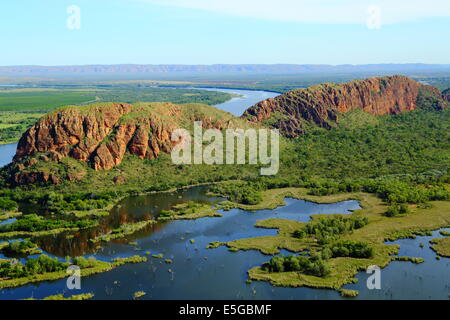 Sleeping Buddha and Lake Kununurra as viewed from a helicopter. Kununurra, Western Australia. Stock Photo