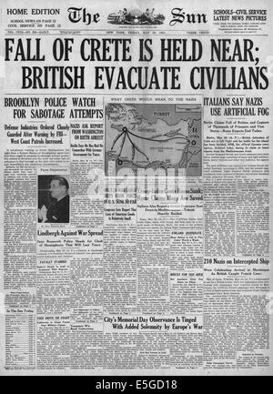 1941 The Sun (New York, USA) Front page reporting the fall of Crete to German Army Stock Photo