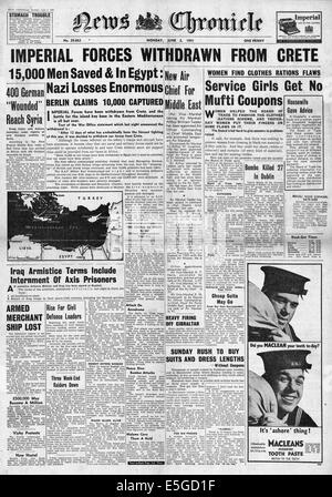 1941 News Chronicle front page reporting the Fall of Crete and withdrawal of all imperial forces Stock Photo