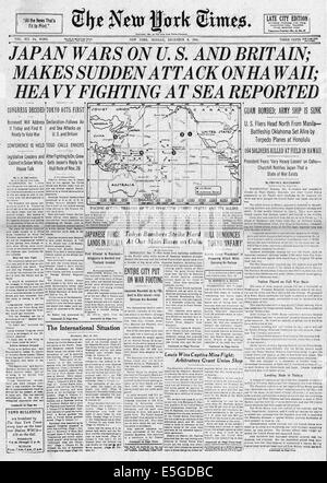 1941 The New York Times front page reporting Japanese attack Pearl Harbour and declare war on USA and Britain Stock Photo