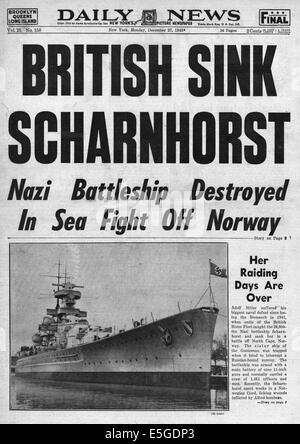 1943 Daily News (New York) front page reporting the sinking of the German battle cruiser Scharnhorst by the British Navy Stock Photo