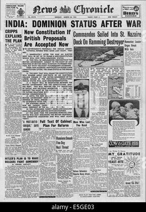 1942 News Chronicle front page reporting India to have independence after the war Stock Photo