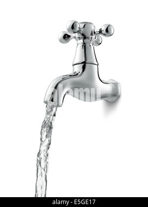 tap with flowing water against white background Stock Photo