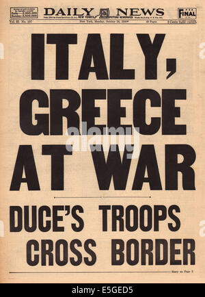 1940 Daily News (New York) front page reporting Italy invades Greece Stock Photo