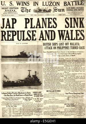1941 The Sun (New York) page reporting the sinking of Royal Navy battlecruisers HMS Prince of Wales & HMS Repulse Sunk Stock Photo