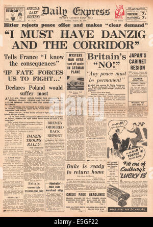 1939 Daily Express front page reporting Adolf Hitler demands Danzig and Polish Corridor Stock Photo