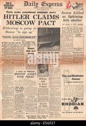 1939 Daily Express front page reporting British government's pledge to stand by Poland if they are attacked Stock Photo