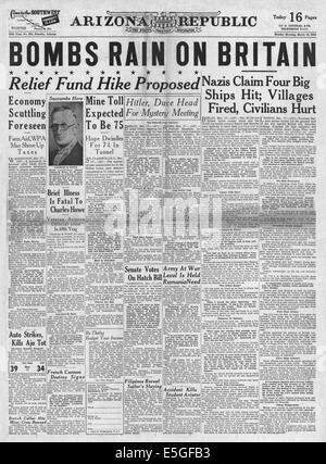 1940 Arizona Republic front page reporting German bombing raid on British naval base at Scapa Flow Stock Photo