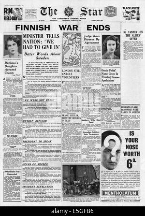 1940 The Star (London) front page reporting armistice between finland and russia Stock Photo