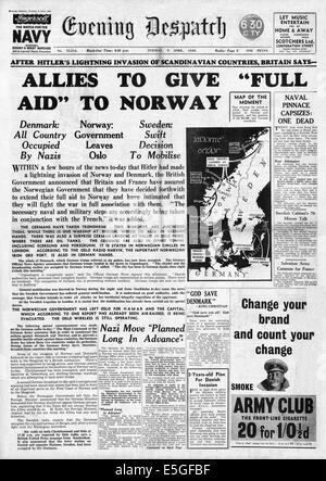 1940 Evening Despatch front page reporting the German invasion of Norway and Denmark Stock Photo