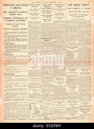 1939 The Observer page 7 reporting French troops advancing into Germany and fighting in the streets of Warsaw Stock Photo