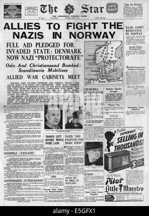 1940 The Star (London) front page reporting Germany invades Norway and Denmark Stock Photo