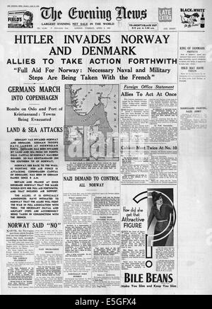 1940 Evening News (London) front page reporting Germany invades Norway and Denmark Stock Photo