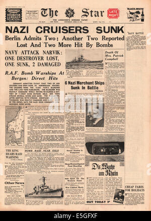 1940 The Star (London) front page reporting the sinking of the German cruisers Blucher and Karlsruhe during the invasion of Norway Stock Photo