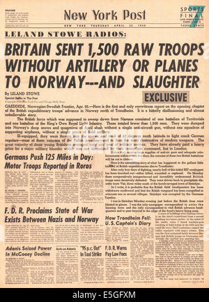 1940 New York Post front page reporting Battle for Norway Stock Photo