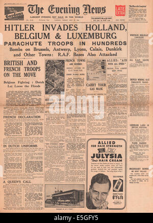 1940 Evening News (London) front page reporting Germany invades Holland, Belgium and Luxembourg Stock Photo