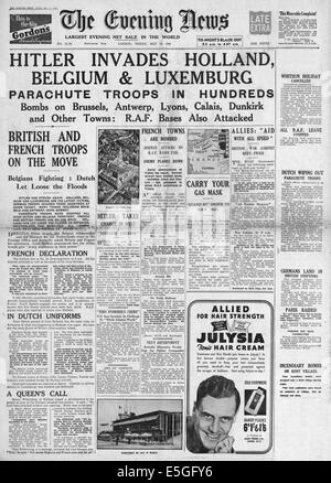 1940 Evening News (London) front page reporting Germany invades Holland, Belgium and Luxembourg Stock Photo