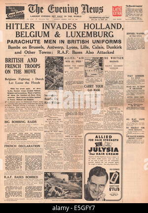 1940 Evening News (London) front page reporting Germany invades Holland, Belgium and Luxembourg Stock Photo