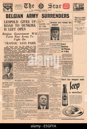 1940 The Star (London) front page reporting Belgium and King Leopold surrender to German army Stock Photo