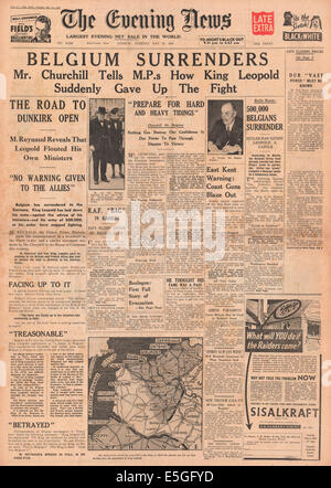 1940 Evening News (London) front page reporting Belgium and King Leopold surrender to German army Stock Photo