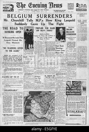 1940 Evening News (London) front page reporting Belgium and King Leopold surrender to German army Stock Photo