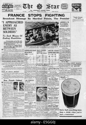1940 The Star (London) front page reporting France surrenders to Germany Stock Photo