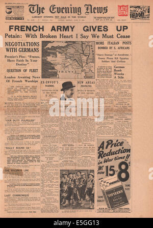 1940 Evening News (London) front page reporting France surrenders to Germany Stock Photo