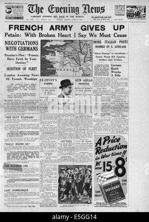 1940 Evening News (London) front page reporting France surrenders to Germany Stock Photo