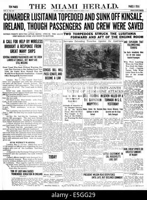 1915 The Miami Herald (USA) front page reporting the sinking of the passenger liner Lusitania by German submarine Stock Photo