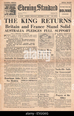 1939 Evening Standard front page reporting George V returns to London from Balmoral Stock Photo