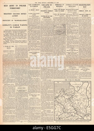 1939 The Times page 6 reporting Soviet Invasion of Poland Stock Photo