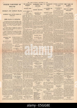 1939 The Times Stalin front page reporting Germany and Soviet Union partition Poland Stock Photo