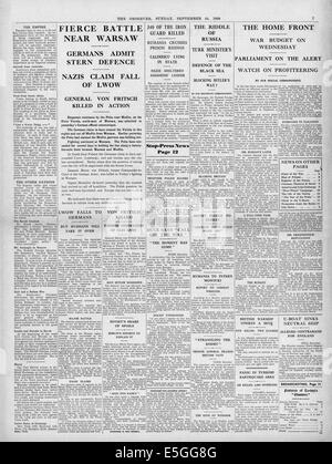 1939 The Observer page 7 reporting battle for Warsaw and general war news Stock Photo