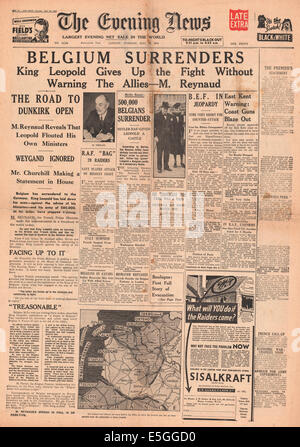 1940 Evening News (London) front page reporting Belgium and King Leopold surrender to German army Stock Photo