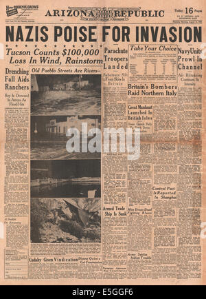 1940 Arizona Republic (USA) front page reporting  German threat of invasion of Britain Stock Photo