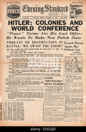 1939 Evening Standard (London) front page reporting Adolf Hitler's speech and peace proposals Stock Photo