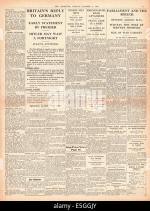 1939 The Observer page 9 reporting British governments response to Adolf Hitler's peace speech Stock Photo