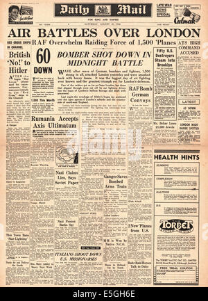 1940 Daily Mail front page reporting Luftwaffe bombing raid on London Stock Photo