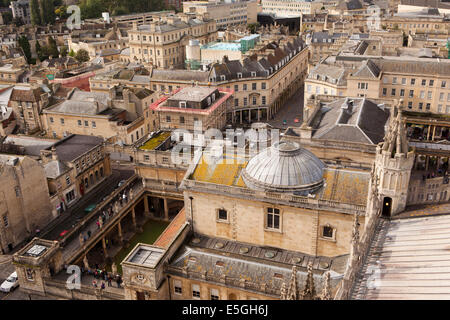 UK, England, Wiltshire, Bath town centre, elevated view of Roman Baths and Pump Room from Abbey roof Stock Photo