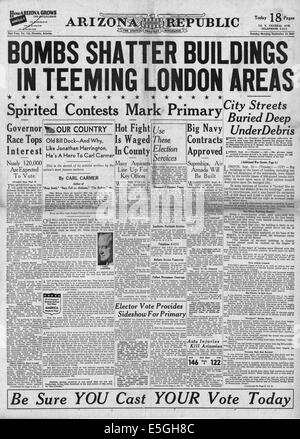 1940 Arizona Republic front page reporting Luftwaffe bombing raid on London Stock Photo