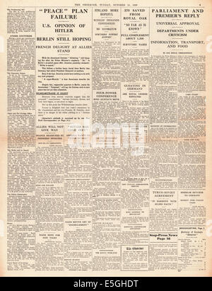 1939 The Observer page 9 reporting Failure of Hitler's peace plan and concerns of a World War Stock Photo