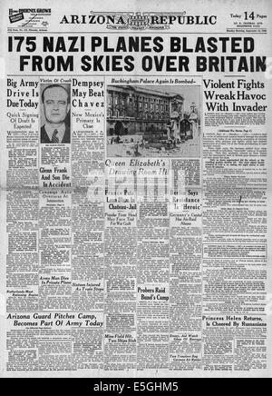 1940 Arizona Republic (USA)  front page reporting RAF and Luftwaffe battles over London & South East England Stock Photo