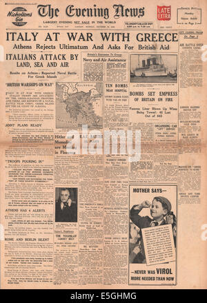 1940 Evening News (London) front page reporting Italy at war with Greece Stock Photo