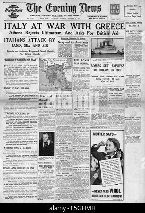 1940 Evening News (London) front page reporting Italy at war with Greece Stock Photo