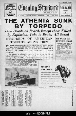 1939 Evening Standard (London) front page reporting sinking of the Athenia Stock Photo