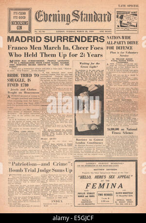 1939 Evening Standard (London) front page reporting Madrid surrenders to General Franco marking the end of the Spanish Civil War Stock Photo